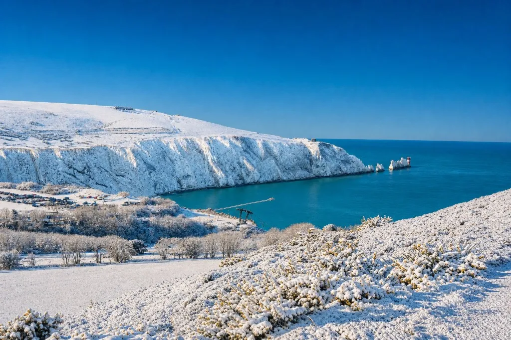 Alum Bay and the Needles on the Isle of Wight in winter, chalk cliffs dusted with snow above a calm grey sea.