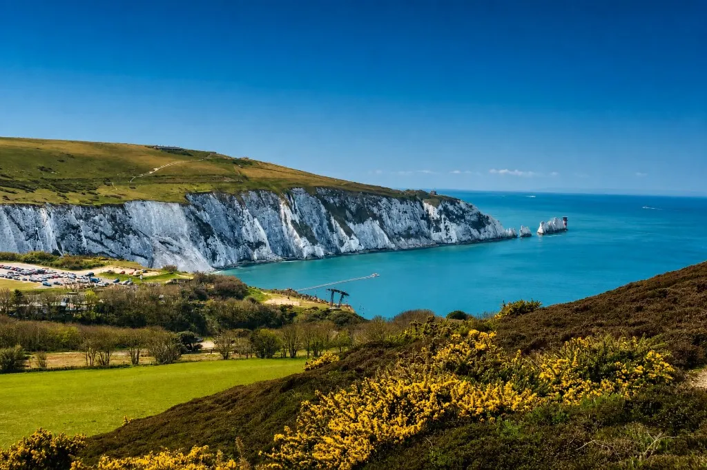 Alum Bay and the Needles on the Isle of Wight in summer, white chalk cliffs, turquoise sea, and gorse on the hillside.