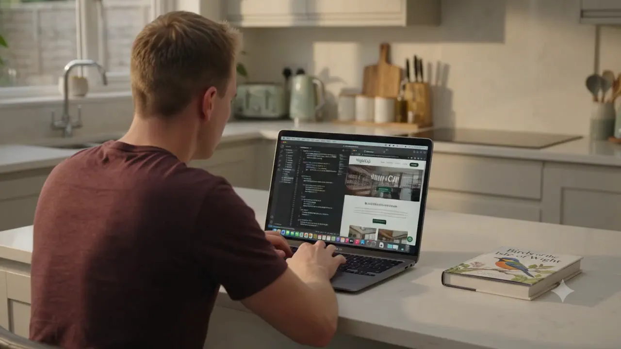 Timelapse still of a website being designed and built at a desk, viewed over the shoulder