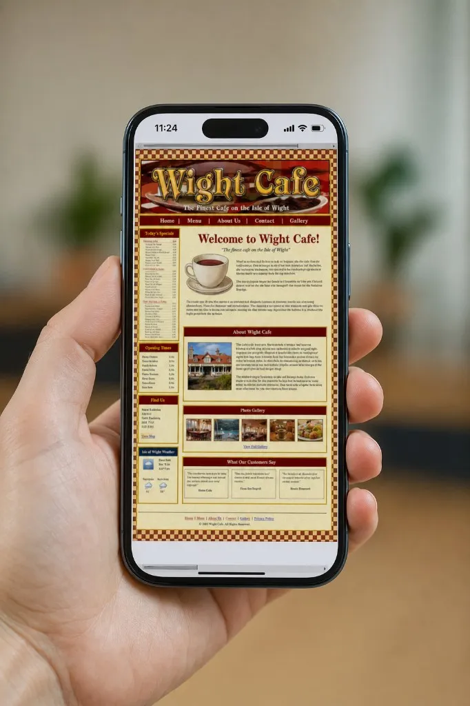 A hand holding a phone showing an outdated local cafe website with a rough mobile layout