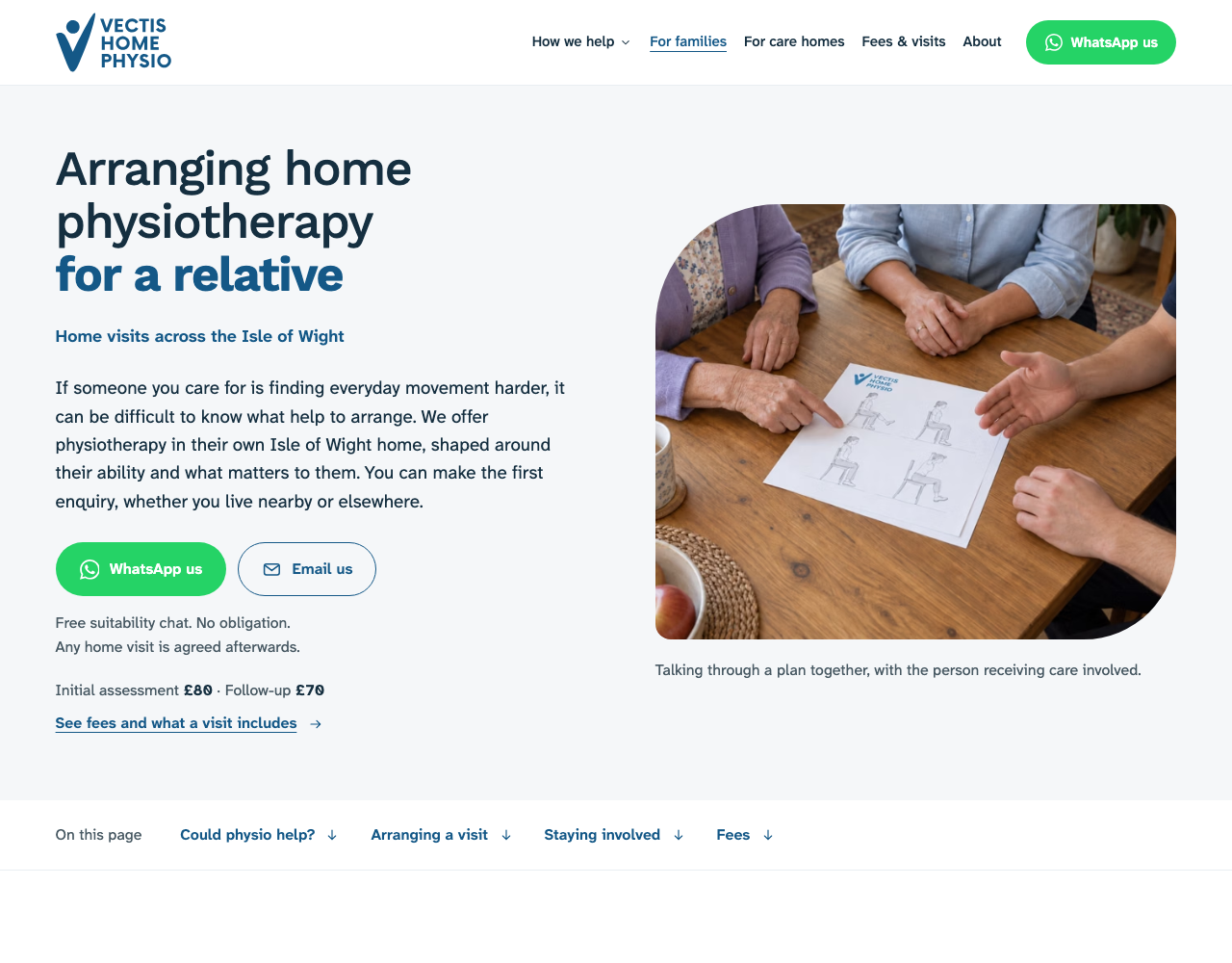 Vectis Home Physio families and carers page, with guidance on arranging help for a relative