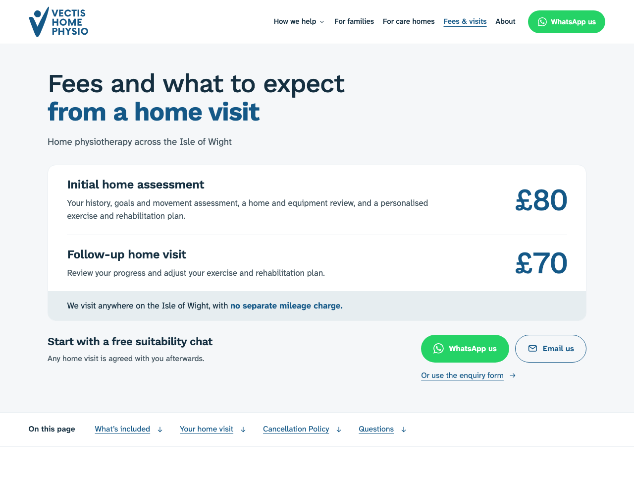 Vectis Home Physio fees and home visits page, with prices and an explanation of each visit