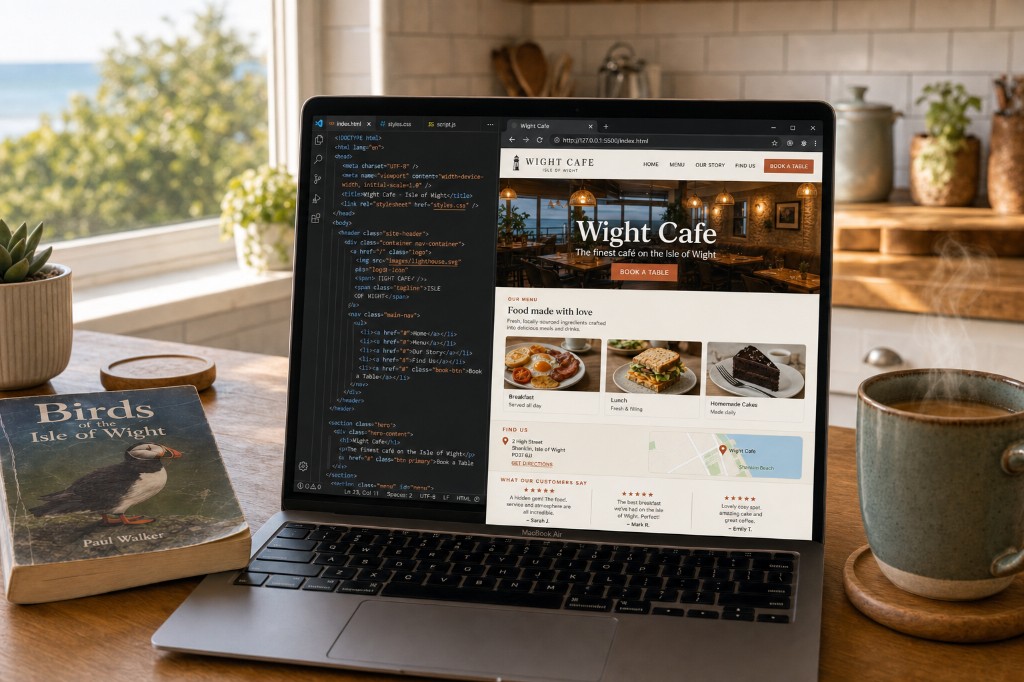 A laptop on a kitchen table showing a Wight Cafe website in progress, beside a steaming mug of coffee and a Birds of the Isle of Wight book, with a coastal window view behind