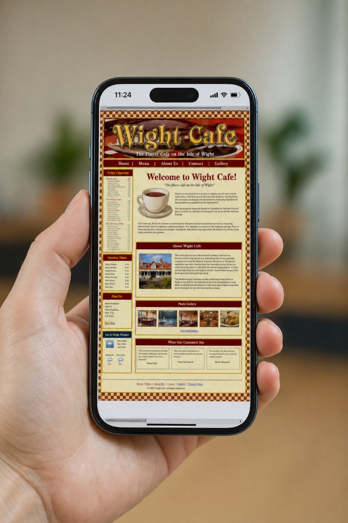 A hand holding a phone showing an outdated local cafe website with a rough mobile layout
